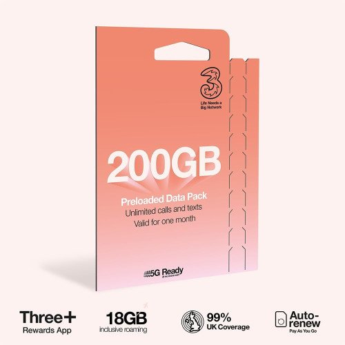 Three Pay As You Go £20 - 200GB Data, Unlimited Minutes, Unlimited Text Three Pay As You Go £20 - 200GB Data, Unlimited Minutes, Unlimited Text