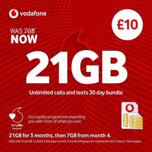 Vodafone Pay As You Go £10 - 21GB Data, Unlimited Minutes, Unlimited Text Vodafone Pay As You Go £10 - 21GB Data, Unlimited Minutes, Unlimited Text