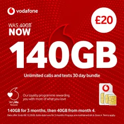 Vodafone Pay As You Go £20 - 140GB Data, Unlimited Minutes, Unlimited Text Vodafone Pay As You Go £20 - 140GB Data, Unlimited Minutes, Unlimited Text