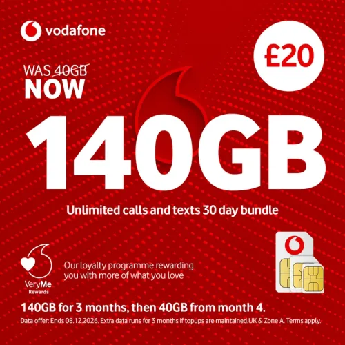 Vodafone Pay As You Go £20 - 140GB Data, Unlimited Minutes, Unlimited Text Vodafone Pay As You Go £20 - 140GB Data, Unlimited Minutes, Unlimited Text