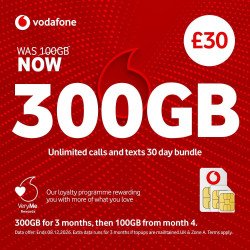 Vodafone Pay As You Go £30 - 300GB Data, Unlimited Minutes, Unlimited Text Vodafone Pay As You Go £30 - 300GB Data, Unlimited Minutes, Unlimited Text